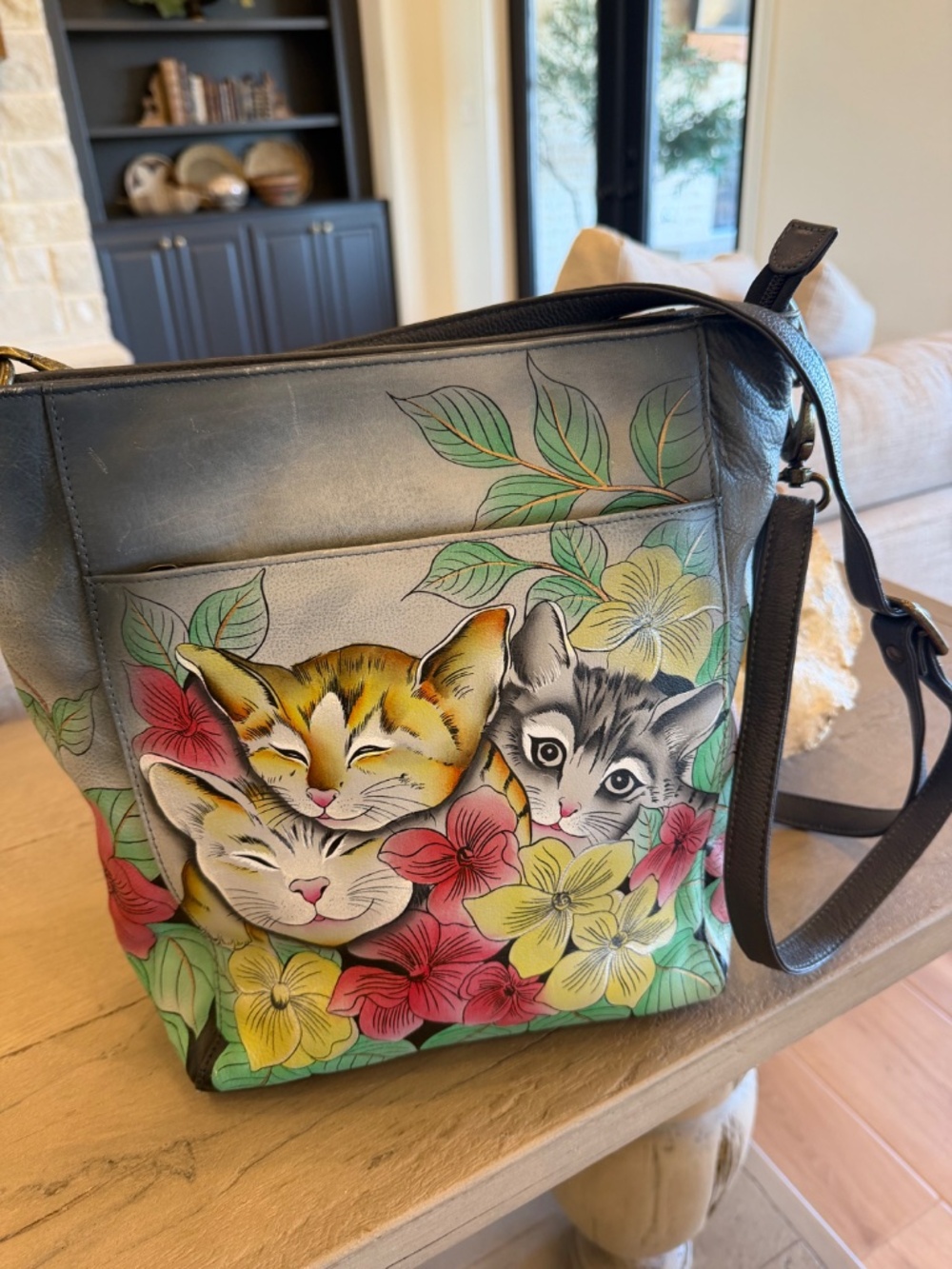 Anuschka Hand Painted Leather Handbag Cats Kittens Flowers Unique Fine Quality - Picture 2 of 8